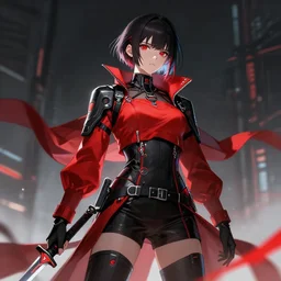 a woman in a red and black outfit with a sword, cyberpunk art by ross tran, trending on pixiv, fantasy art, anime, artstation hd, ilya kuvshinov