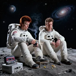 david bowie and astronaut major tom sit on the dark side of the moon, listen to pink floyd on an old cassette recorder and smoke a joint, enjoying the contemplation of deep space with millions of galaxies : by kaburagi kiyokata and android jones, visually stunning, cinematic, ultra realistic, hyper realism, 1 2 k, epic, octane render, unreal engine, vfx, maya