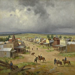 greg manchess painting of a wild west town landscape with no person nor horse in the painting only buildings in the year 1 8 5 0, on a rainy day, painting, trending on artstation, by huang guangjian and gil elvgren and sachin teng