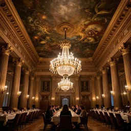 dining hall inside a secret society, illuminati, chandelier, massive, beautiful, ominous, painting on the ceiling, perspective of a guest sitting down