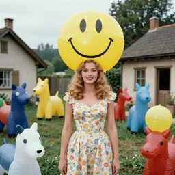 1976 glamorous curvy woman wearing an inflatable smiley head, wearing a dress, in a small village full of inflatable animals, 1976 French film archival footage technicolor film expired film 16mm Fellini new wave John Waters Russ Meyer movie still