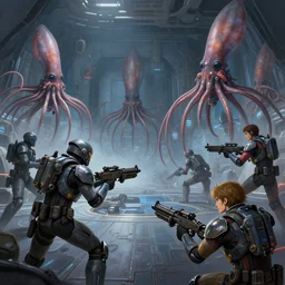 space soldiers dressed in futuristic military uniforms fight off martian giant squid invaders with blasters inside the spaceship, vector behance hd jesper ejsing, highly detailed, digital painting, artstation, concept art, smooth, sharp focus, illustration, art by artgerm and greg rutkowski and alphonse mucha, rhads, makoto shinkai, lois van baarle, ilya kuv