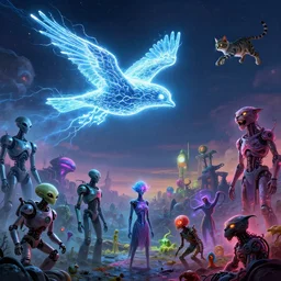 bird made of electricity flying in the sky ; cat flying in the sky ; panther flying in the sky ; humans being devoured ; aliens, robotic machines, gods, bio - mechanical intelligences, glitch creatures, dmt entity ; lsd art, trending on artstation, style greg rutkowski