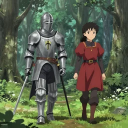 A knight and a squire are walking in the forest. Anime style