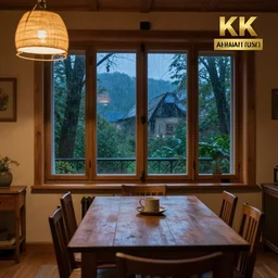 photo of a beautiful wooden dining room with a window with a view of a rainy european forest outside,at night, beautful view,winning award photo,4k,ambient lighting, chillout,relaxing