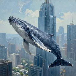 a beautiful painting of a humpback whale suspended in mid air near a skycraper, cyberpunk city, hyperrealistic, realistic!, cinematic shot, volumetric light, ultra detailed, epic
