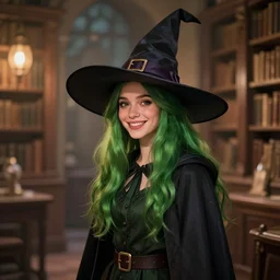 happy nathalie emmanuel as a witch, long green hair, cozy atmosphere, urban fantasy, pointy hat, library, bokeh highly detailed, qichao wang, artgerm, cushart krenz, zeronis, trending on artstation, soft light, sharp edges, illustration, character design, concept art