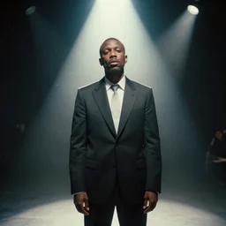 a photo of frank ocean wearing a suit, cinematic, camcorder effect, ektachrome, wide angle, lens distortion, double - exposure, rephotography, light, dark, 3 d, spotlight, amoled, moody lighting, fog, cgi