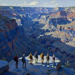 a party of adventurers exploring a canyon of blue stone, oil painting, greg rutkowski