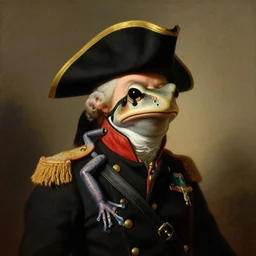 a portrait of an amazon milk frog wearing a military uniform and a black tricorn hat, a painting by john trumbull, american romanticism