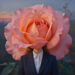 closeup, large rose flower head, frontal, a girl in a suit, surreal photography, sunrise, dramatic light, impressionist painting, digital painting, artstation, simon stalenhag