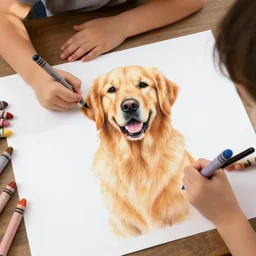 kids drawing of a golden retriever, crayons. high details, photorealistic, artstation trending