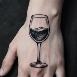 handpoke tattoo of a black and white wine glass, stick poke, lineart