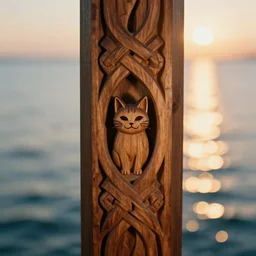 scanstation 3 5 mm wood carving norse style knots and midgaar in walnut temple pillar, hidden smiling cat easteregg, film still, 8 k, bokeh, sunset, water caustics