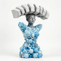 a fine art photograph formal self sculpture by the artist kelbv, in distinct hyper precise fineliner style with cuboids neatly curving above his head, and exploded body filled with light blue and white spheroids, perfect bright studio lighting.