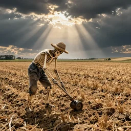 a farmer skeleton working his field, soviet propaganda