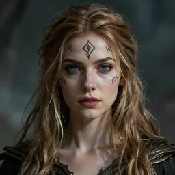 masterpiece photographic portrait of an aesthetic beautiful realistic mage 3 0 years old woman, light brown long hair, blond strands, rune tattooed on her forehead, challenging eyes, deep blue eyed, cinematic light digital painting by wlop and julie bell, atmospheric background, unreal engine, 8 k, realistic, artstation, deviantart, aura, larger view
