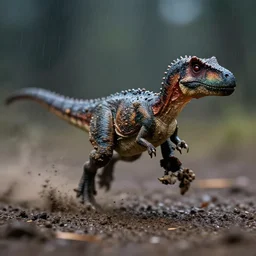 action photography, long shot, dark and rainy, award winning macro photo of an ultra detailed intricate tiny muddy velociraptor running very fast on mud, dirt and dust, fast shutter speed, motion blur, tiny gaussian blur, highly detailed, highly intricate, depth of field, national geographic