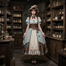 full body portrait photo of reol wearing a elegant pleated steampunk dress, open top, wearing a cute hat, shopping at an alchemist's potion store interior, dim studio lighting, at night, ( ( photograph ) ), moody, realistic, detailed, low light, skin tinted a warm tone, light blue filter