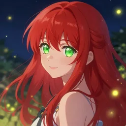 sharp, intricate fine details, breathtaking, hd anime portrait wallpaper of a red haired girl with long hair and green eyes softly smiling in a dreamy, mesmerizing scenery with fireflies