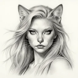 pencil drawing of beautiful cat - robo woman goddess, beautiful blonde hair flying in the wind, hyper realistic face, in the style of greg rutkowski, fantasy, amazing detail, epic, elegant, smooth, sharp focus, from the front