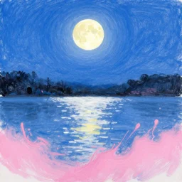the moon shining on a lake at night, blue and pink colour splash, painted with pastels, detailed sumi-e illustration