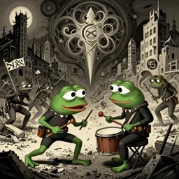 resolution 4k worlds of loss and depression made in abyss design Akihito Tsukushi design body pepe the frogs fighting in the civil war war , battlefield darkness military drummer boy , desolated city ivory dream like storybooks, fractals , pepe the frogs at war , art in the style of and Oleg Vdovenko and Gustave dore and Akihito Tsukushi