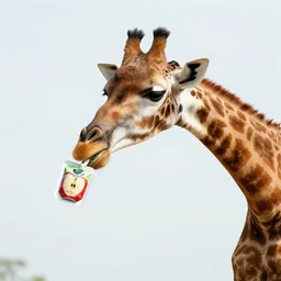 giraffe eating out of an apple sauce packet