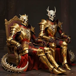 double portrait the great death knight dark souls in golden red armor made of polished dragon bones looks relaxed, quantum physics, victorian era