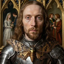 medieval jan van eyck closeup face portrait of a tin toy goblin moth dragon wearing armour and young girl marriage portrait, nicoletta ceccoli, mark ryden, lostfish, hyung tae, frank frazetta, depth of field, detailed and intricate gothic environment, 8 k resolution, hyperrealistic, octane render