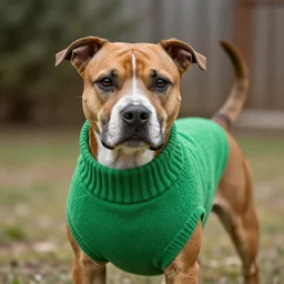 American Staffordshire terrier wearing a green sweater, 8k