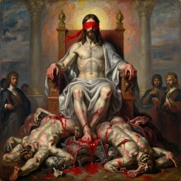 red blindfolded!!!!!!!!!!! jesus christ sitting atop a huge!!!! throne of entwined bodies, blood, red viscera, corpses piled, horrific, elegant!!!, ominous, highly detailed painting by goya!!! phil hale!! gaston bussiere, craig mullins, michelangelo! 8 k, visible brush strokes, paint texture