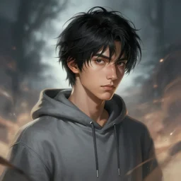 a tan boy with black hair and gray hoodie, portrait, sharp focus, fantasy, digital art, concept art, dynamic lighting, epic composition, by emylie boivin, rossdraws