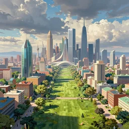 a futuristic cityscape by william blake, colorful, wide greenways