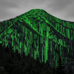 Mountain bright HD 4k Green and black Realistic colorful Matrix Glitching code in the style of Ansel Adams