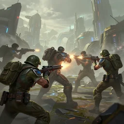 hyperrealism fantasy ukrainian army fight scene with characters from league of legends portrait, digital art, wallpaper of an fantasy fight, background of sci fi city in fog, diffused lighting, 8 k dop hdr