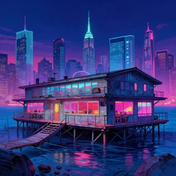 a beautiful detailed painting of boathouse urbex by daniel burnham, neon noir thermal imaging sunlight san andreas at night magic realism tundra postcyberpunk otherworldly made of glass retrowave at dusk myst retro liberty city landscape tron, archdaily, wallpaper, highly detailed, trending on artstation.