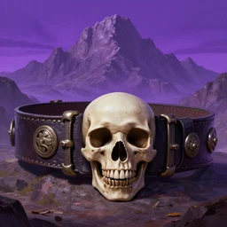 a giant, stunning belt with a skull on it, huge mountain, purple sky, hyper - detailed digital painting