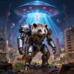 an anthropomorphic opossum mecha ROBOT emerging from a a dense semantik network in the AJEGUNLE SLUMS of Lagos inside african JESUS CHRIST about AESTHETICS surrounding large UFO within NEON rays of light , 8K, art by artgerm and greg rutkowski and alphonse mucha