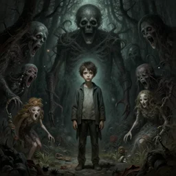 a boy surrounded by lovecraftian horrors, highly detailed, gloomy, digital painting, trending on artstation, concept art, sharp focus, illustration, art by alphonse mucha and kaethe butcher and krenz cushart