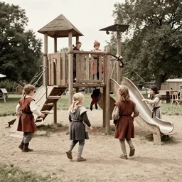 a very old photo of kids having fun at playground in medieval times