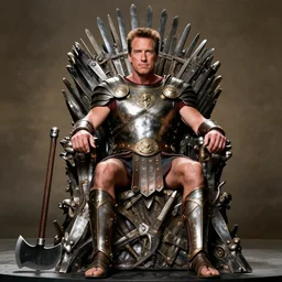 arnold schwarzenegger as king conan, directed by john millius, photorealistic, sitting on a metal throne, wearing ancient cimmerian armor, a battle axe to his side, cinematic photoshoot in the style of annie leibovitz, studio lighting