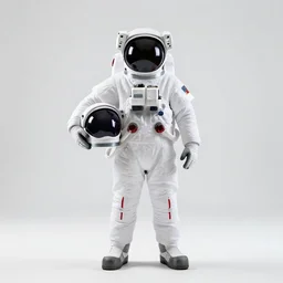stoic astronaut holding helmet, cinematic studio photo, full body, standing, isolated on a pure white background, centered, whole figure in frame, sharp focus, studio lighting