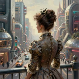 portrait of a victorian lady in a futuristic city, from behind, streets, highly detailed, digital painting in the style of M C Escher