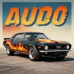 black audi camaro b 1 ( 1 9 6 7 ) with burning livery, retro poster, establishing shot
