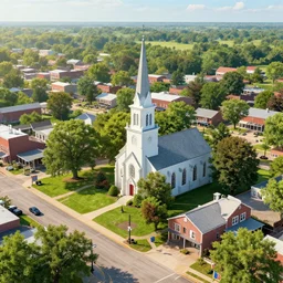 small midwest town, square, trees, church, sunny day, volumetric light, realistic, hyperdetailed, artstation, cgsociety, 8 k