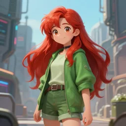 beautiful cute red haired eighteen year old young girl standing up, casual green clothing, long hair, cyberpunk city, cute happy face, rpg character, sci - fi, intricate, elegant, digital painting, artstation, concept art, smooth, 8 k frostbite 3 engine, ultra detailed, art by artgerm and greg rutkowski and magali villeneuve