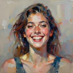 paint an original happiness abstract expressionism masterpiece portrait of a human female, in the style of sd ai, digital art, muted textured colors