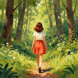 centre portrait of a girl walking through forest!!, summer, symmetry, view from behind, retro 8 0 s style, colourful, accurate, realistic illustration, art by peter elson