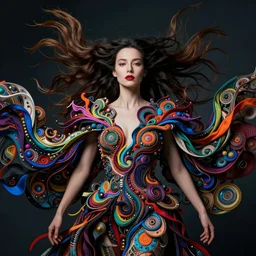 portrait of woman with long hair, clothing by peter mohrbacher and kilian eng, billowing, dramatic, dynamic lighting, intricate, detailed, sharp focus, motion, symmetrical features, david cronenberg vibrant colours, dynamic lighting, photoreal, aesthetics by beksinski, dan mumford, trending on artstation, art by greg rutkowski, 8 k